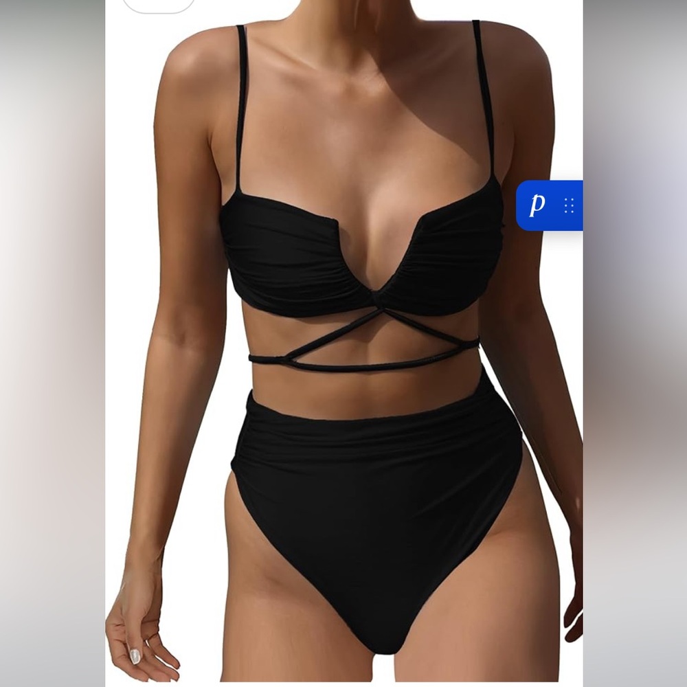 HYTENSUN V Wired High Waisted Bikini Ruched High Cut Two Pieces Swimsuit , L